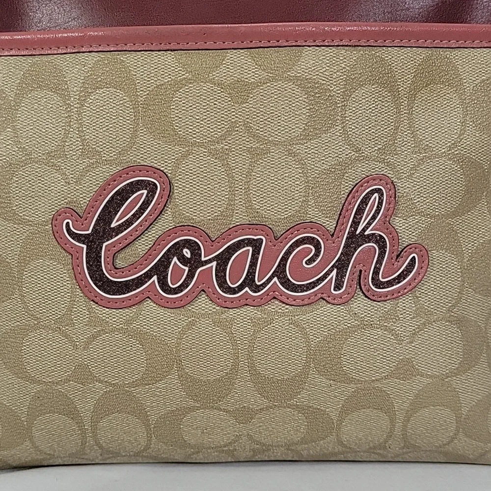 Coach Tan Signature Leather Crossbody with Burgundy Trim